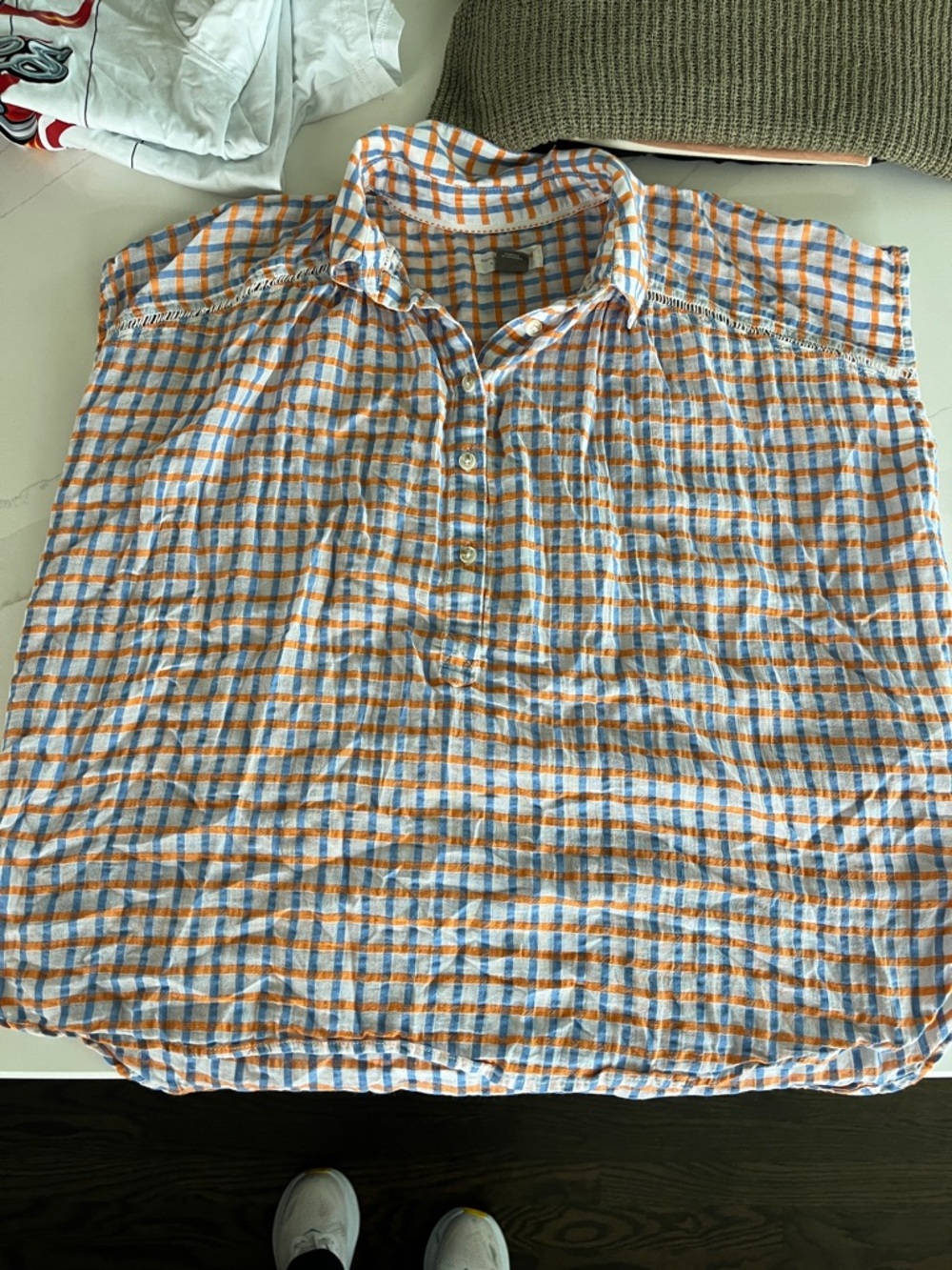 Women’s Anthropologie Short-Sleeve Button Polo in Blue and Orange Plaid
